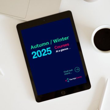 Autumn Winter season courses front cover on a tablet with a coffee next to it.